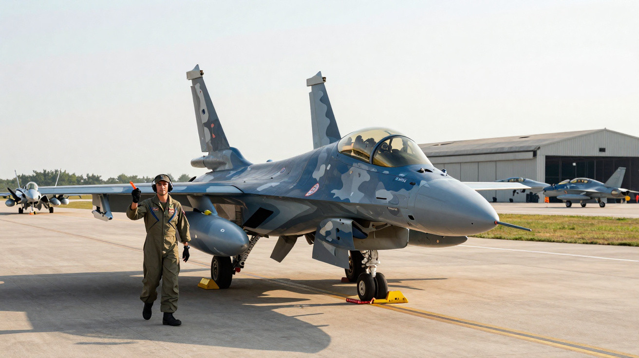 Military pilot walking beside a camouflaged fighter jet parked on an airbase runway with hangars in the background