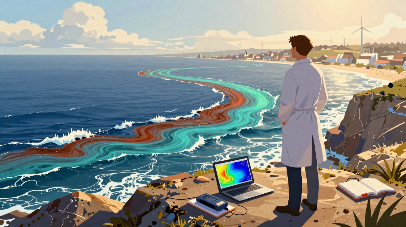 Scientist in a white coat studies a multicoloured chemical spill in the sea from a rocky cliff near a coastal village.