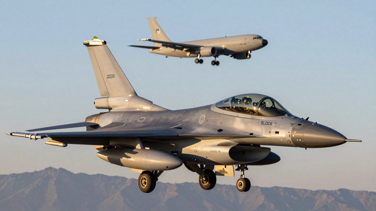 Military fighter jet flying with a larger military aircraft in the background over mountainous terrain.