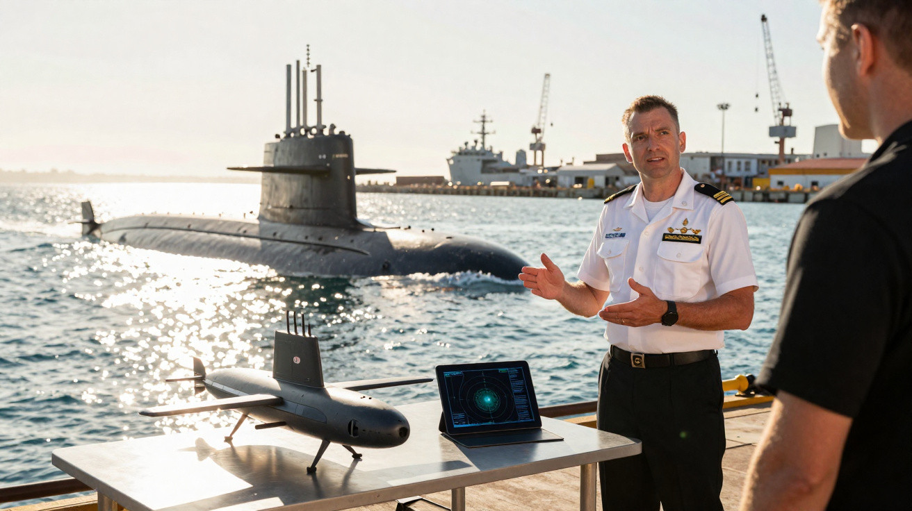 Navy officer explaining a submarine model and radar display on a dock with a real submarine in the water behind.