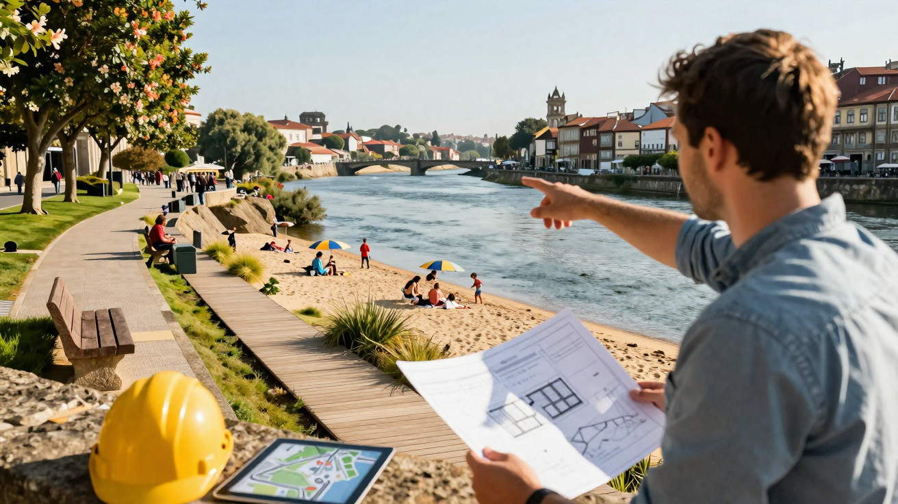 Man holding architectural plans pointing towards a riverside beach with people and umbrellas on a sunny day