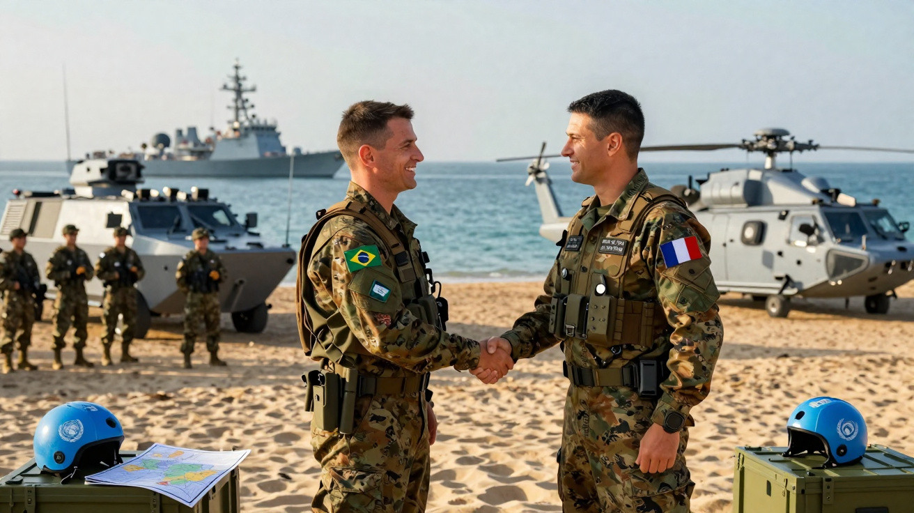 Two soldiers in camouflage shaking hands on a beach with military vehicles and personnel in the background.
