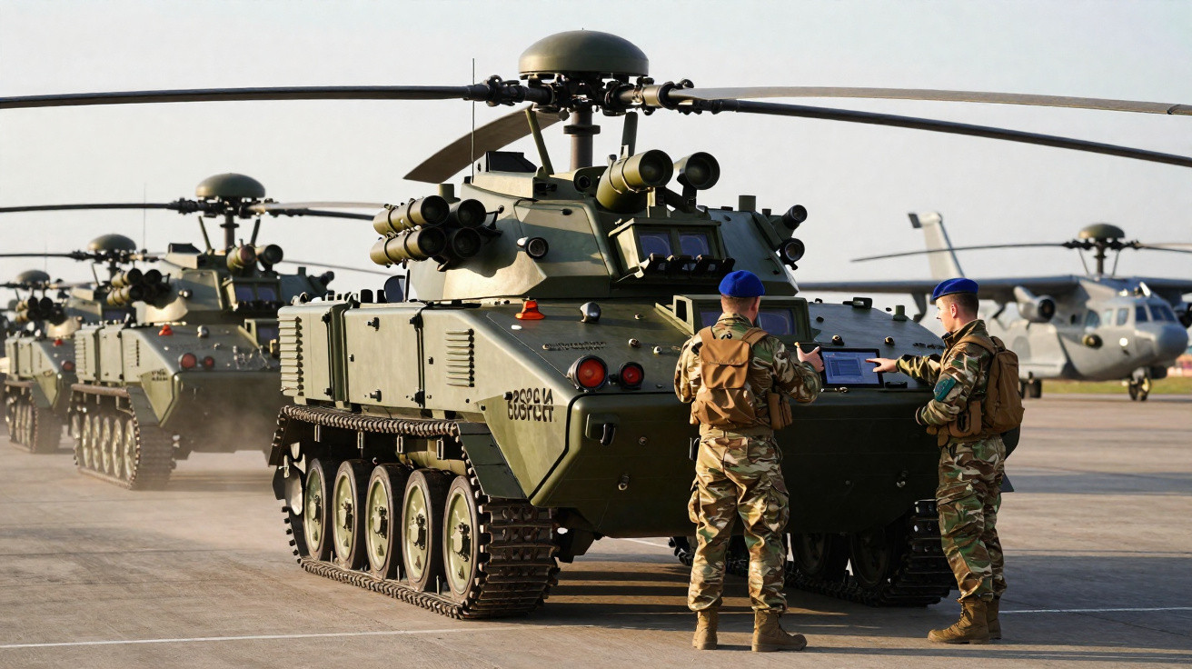 Two soldiers in camouflage and blue berets using a tablet beside a green military helicopter vehicle on an airfield.