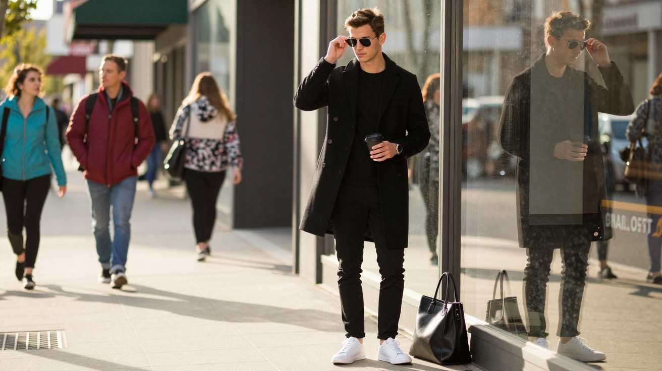 Man in black coat adjusting sunglasses while holding coffee, standing by a shop window on a city sidewalk.