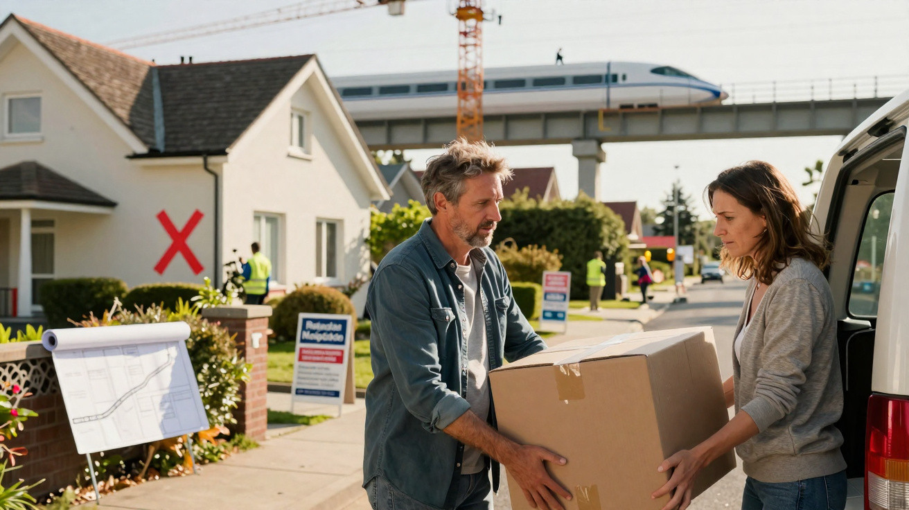 Man and woman carrying a cardboard box near a house marked with a red X and a passing high-speed train above.