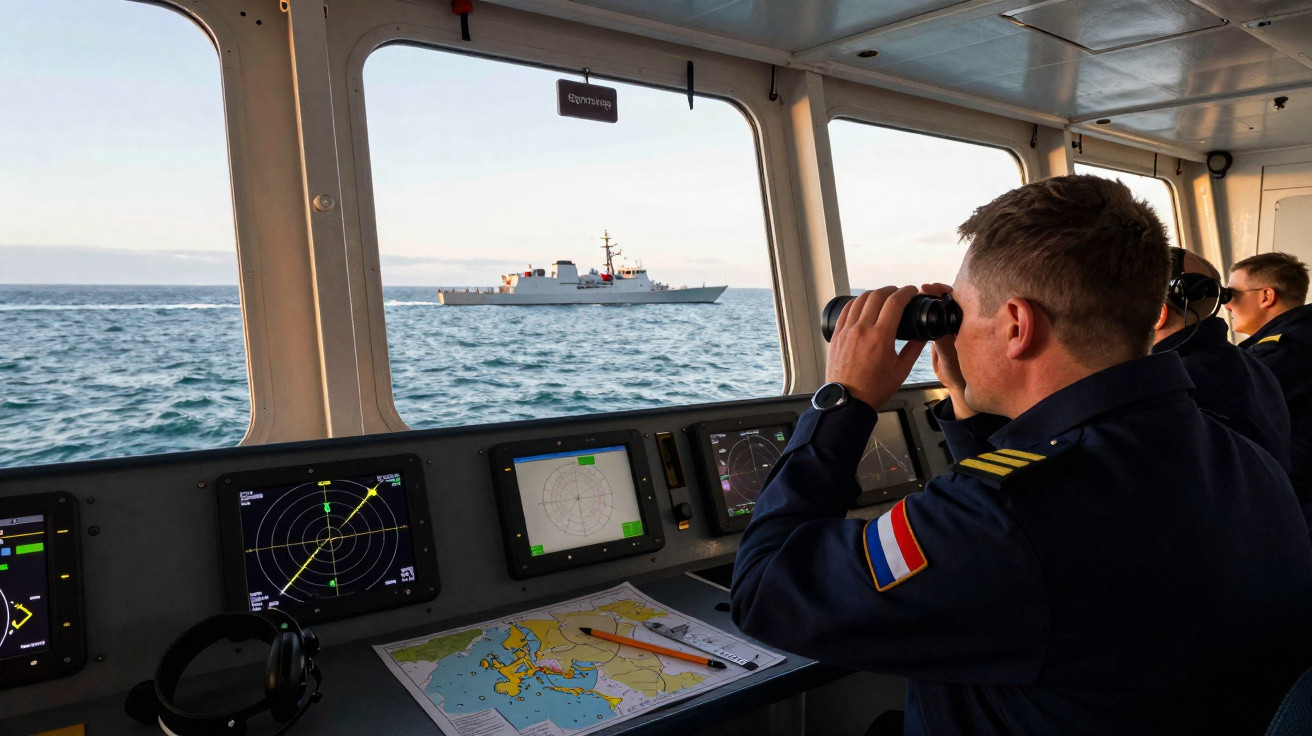 Naval officers in uniform use binoculars and radar screens to observe a military ship at sea from a vessel's bridge.