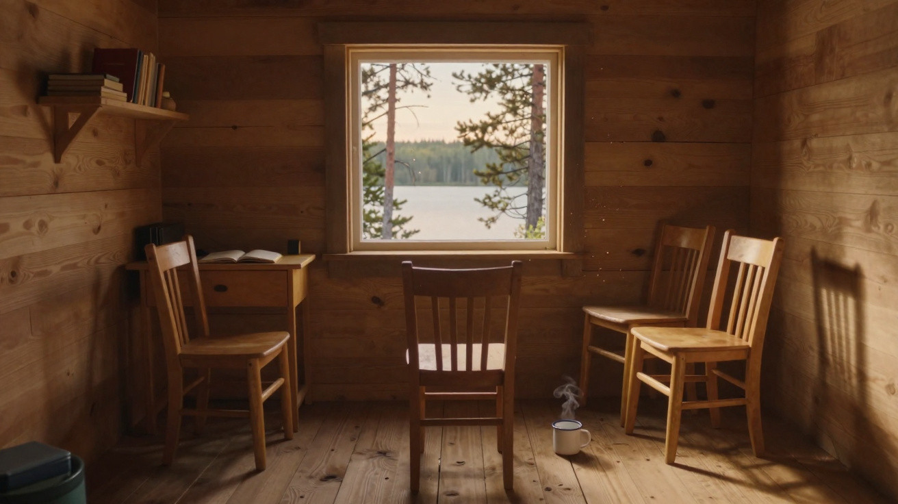 Cozy wooden cabin interior with four chairs, a small table, bookshelf, and a window overlooking a lake and trees.