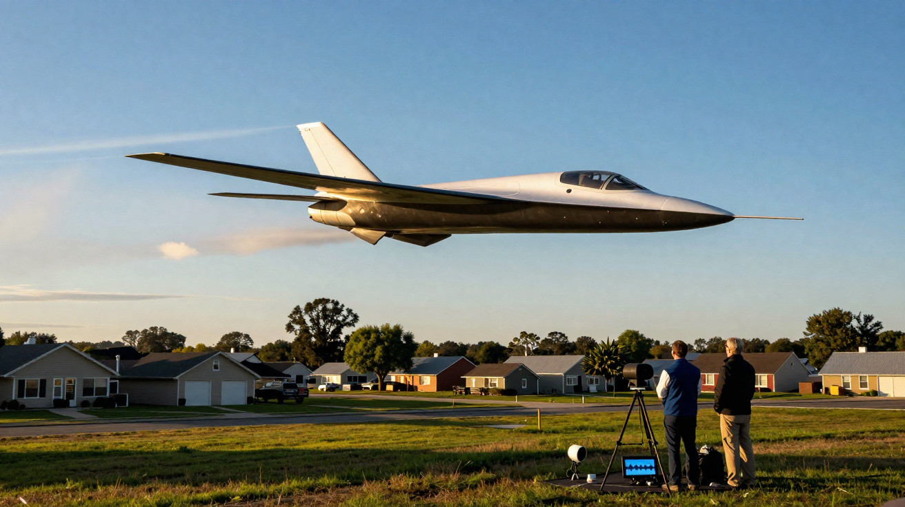 A sleek unmanned aircraft flying low over a suburban neighbourhood with two men operating equipment on the ground.