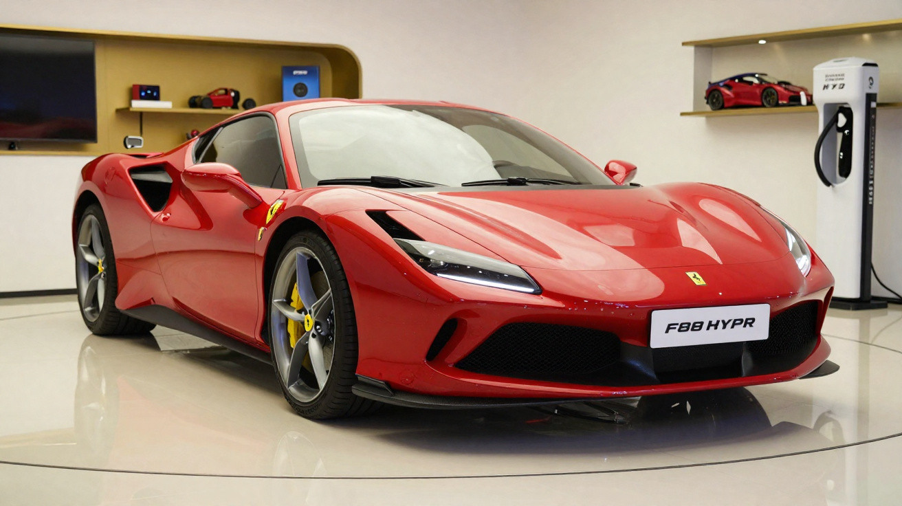 Red Ferrari F88 HYPR sports car displayed in a showroom with a charging station in the background.