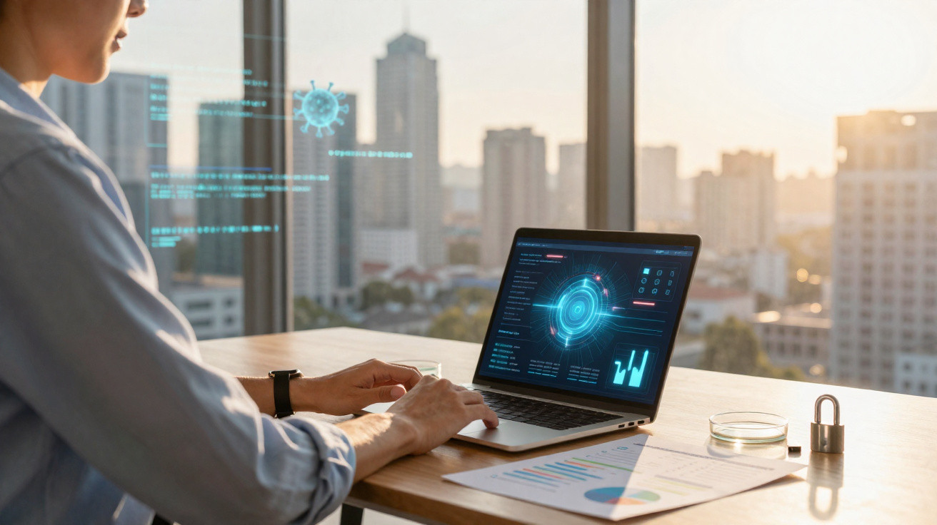 Person analysing data and charts on a laptop at a desk with city buildings in the background at sunset.