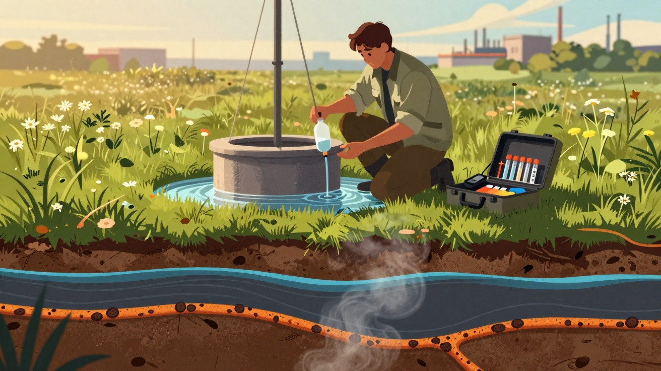 Scientist collecting water sample from well in a field with underground pipes and equipment case nearby.