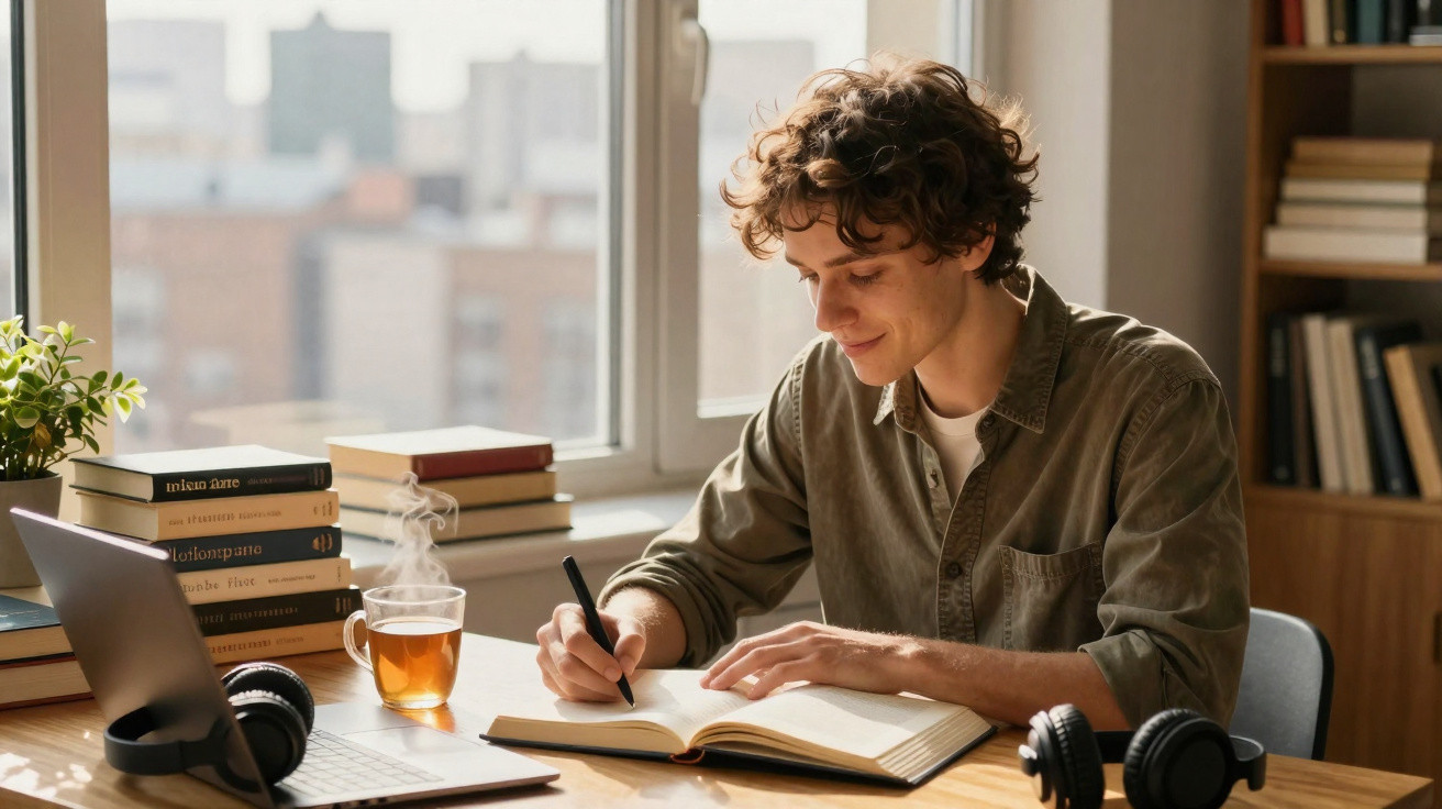 Young man writing in a notebook at a desk with books, tea, laptop, and headphones by a bright window
