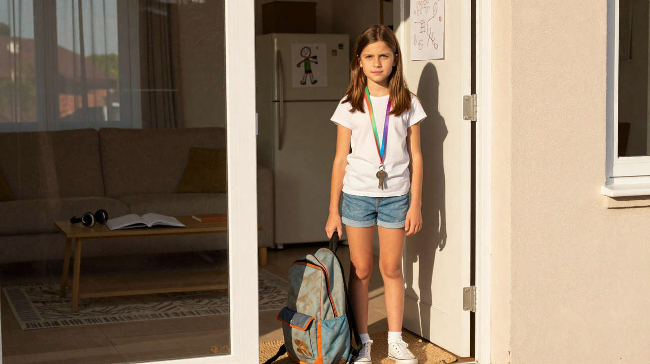 Young girl wearing a medal and holding a backpack standing in a doorway at home in sunlight.