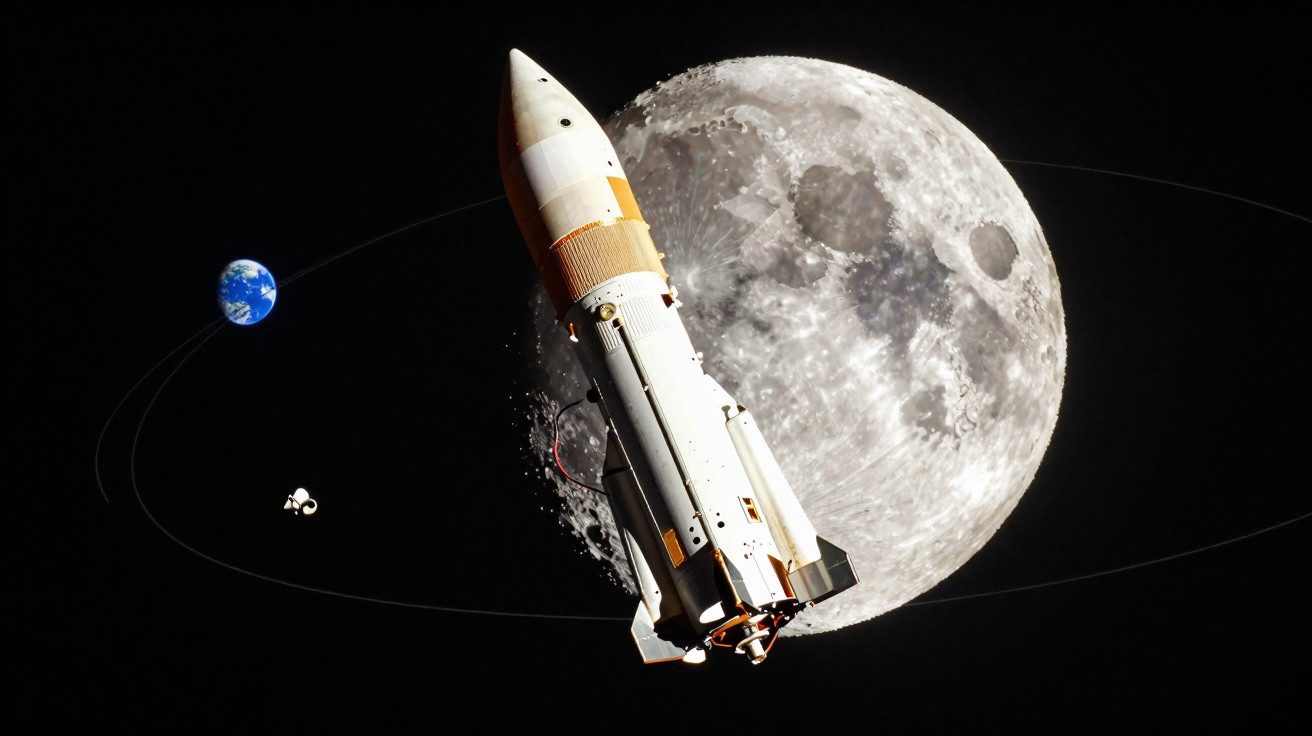 Space shuttle orbiting near the Moon with Earth and lunar module in the background against black space.