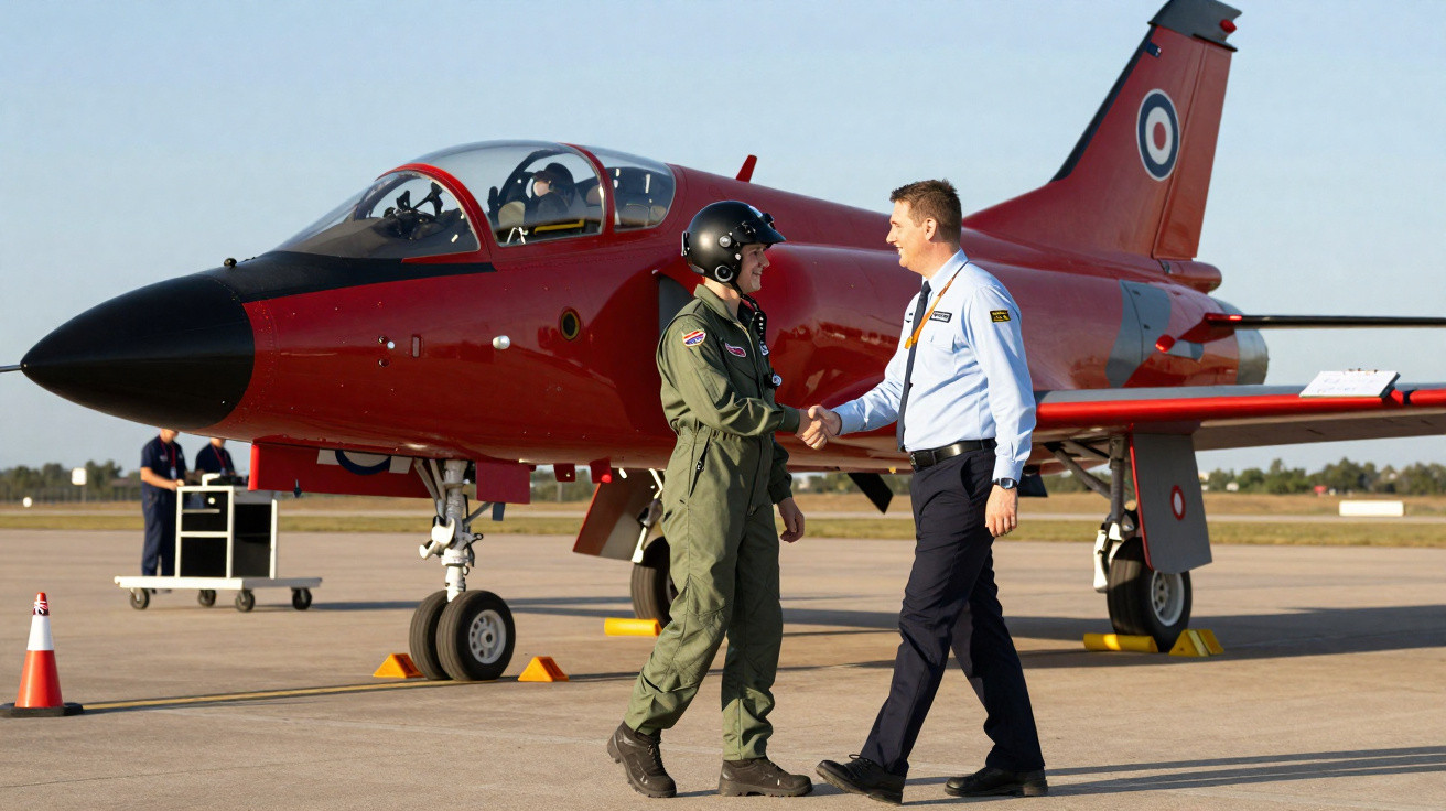 Two men, one in pilot gear and one in uniform, shaking hands beside a red military jet on a runway.