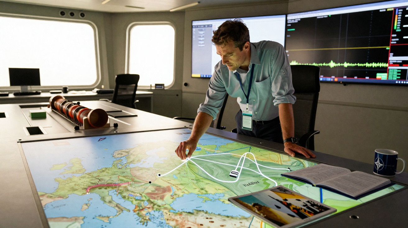 Man analysing digital map with graphs and data in a modern command centre room.