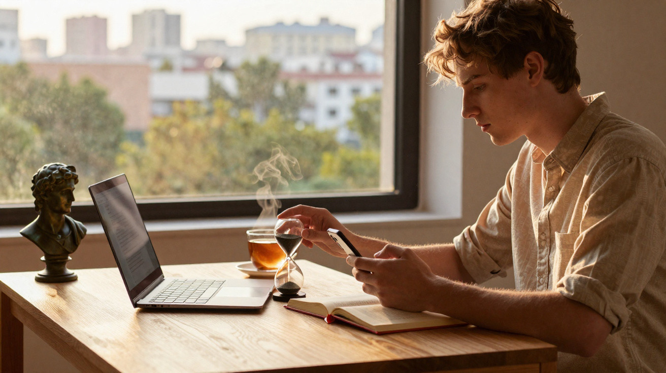 Young man using smartphone at wooden desk with laptop, hourglass, steaming tea, and notebook by window.