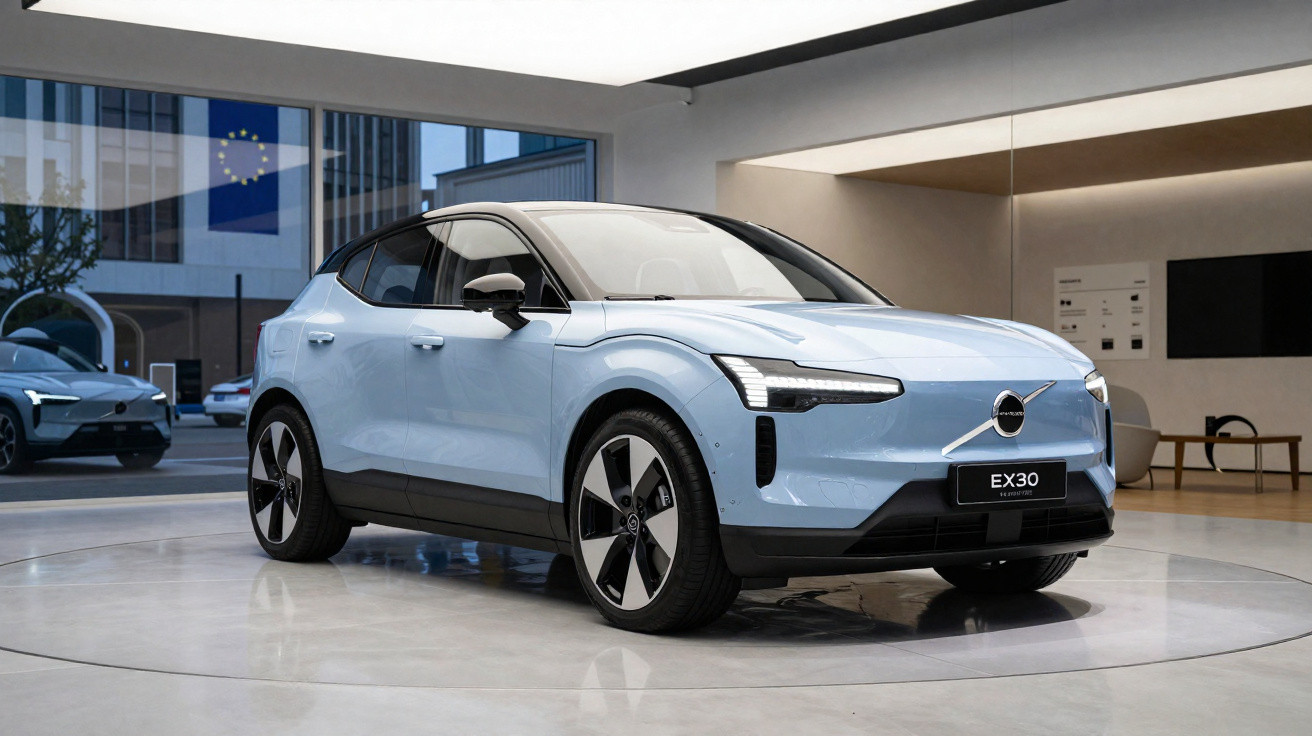 Light blue Volvo EX30 electric SUV parked inside a modern showroom with large windows.