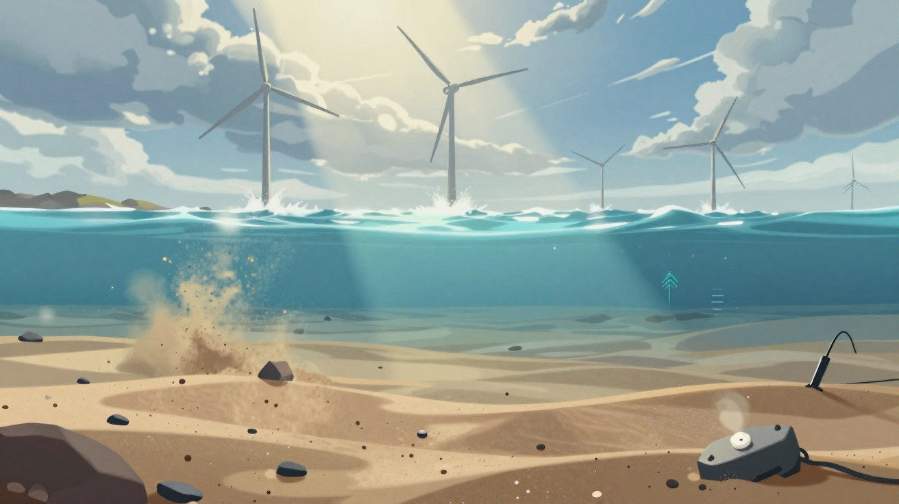 Underwater sandy seabed with rocks and devices, wind turbines above sea under partly cloudy sky.