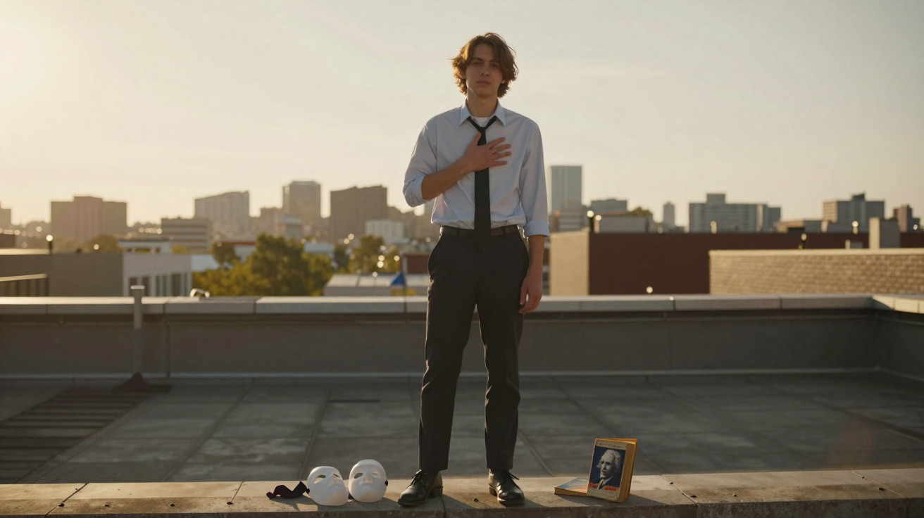 Young man on rooftop with hand on chest, two white masks and a framed photo placed beside him at sunset.
