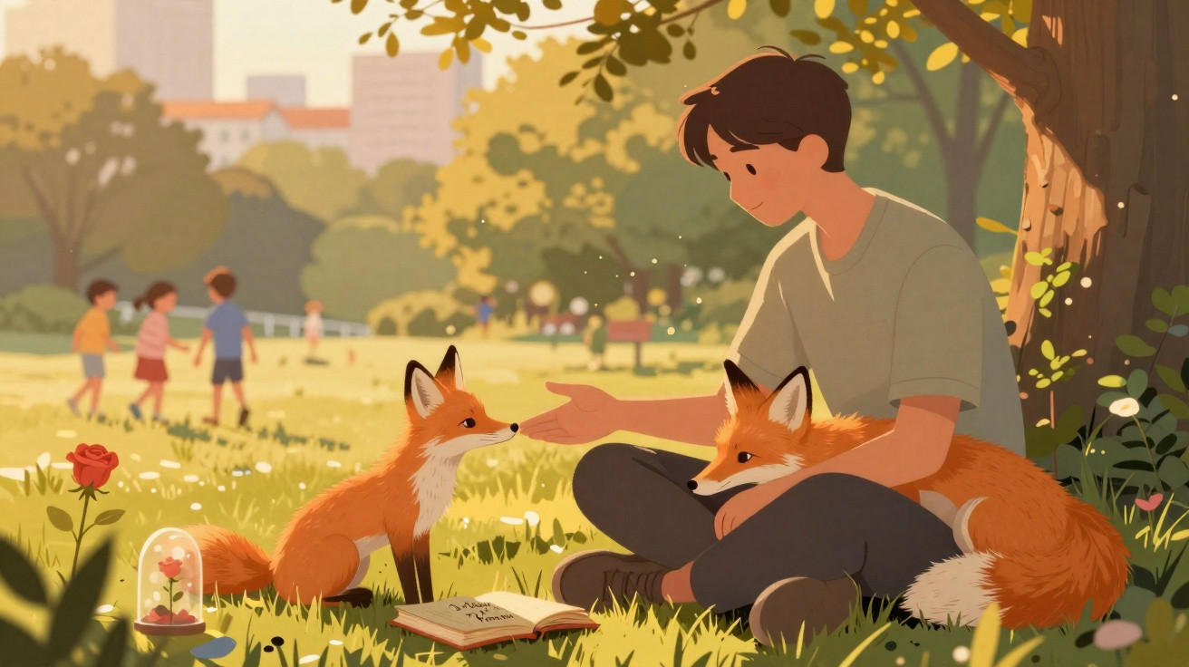 Young person sitting under tree with two foxes in a sunny park with children playing in the background