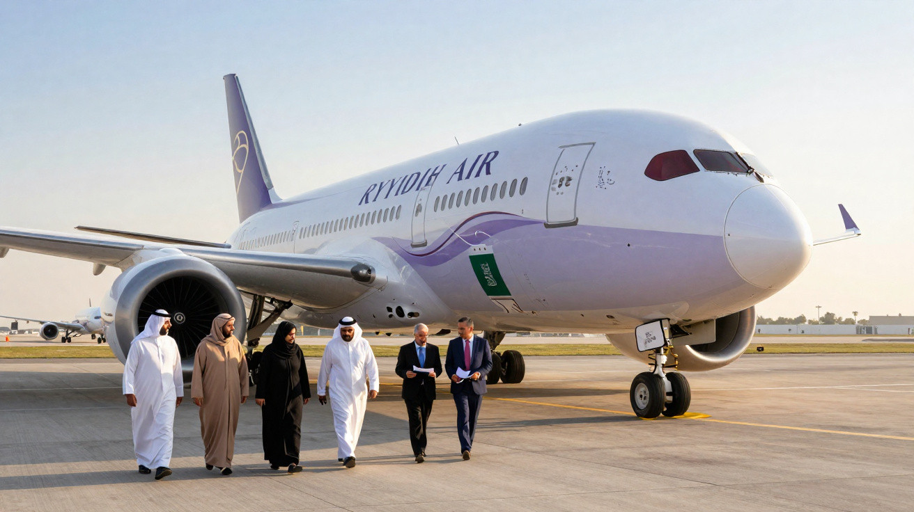A group of six people walking on an airport runway beside a Saudia Arabia Riyadh Air airplane.