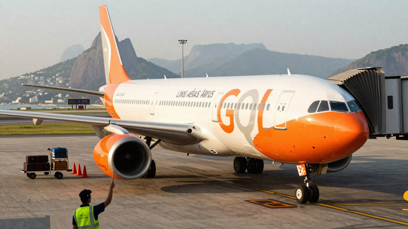 Orange and white GOL airline aircraft parked at the gate with mountains in the background at sunrise.