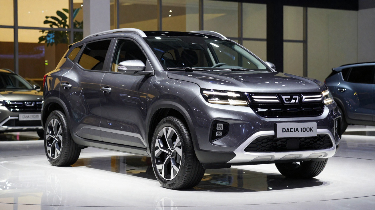 Grey Dacia 100K SUV displayed indoors with modern design and LED headlights turned on.