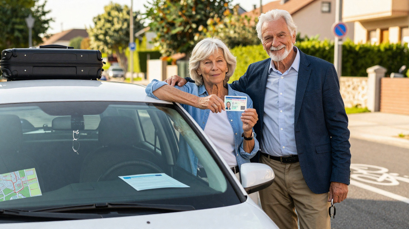 Senior couple standing beside a white car, woman holding a driving licence, man holding car keys on a sunny day.