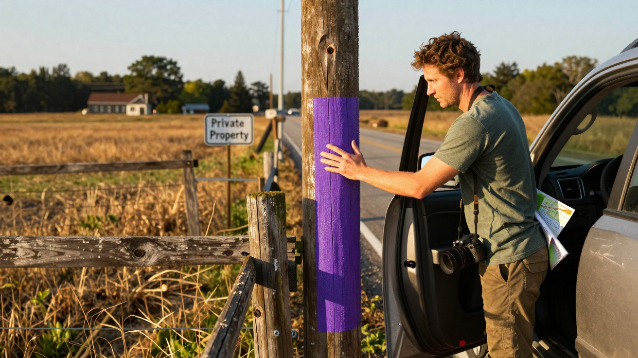 Man with camera examines wooden post marked with purple tape by roadside near private property sign.