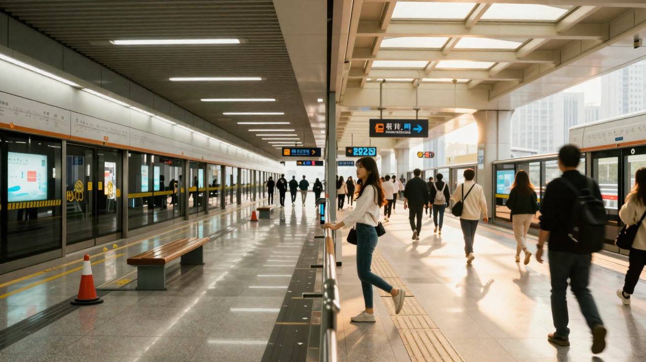 People walking and waiting at a modern, sunlit subway station with glass platform doors and benches.