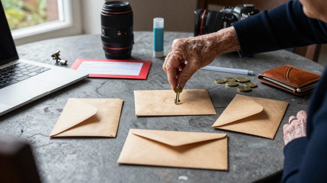 Person placing a vintage key into a brown envelope on a table with a laptop, camera lens, wallet, and coins.