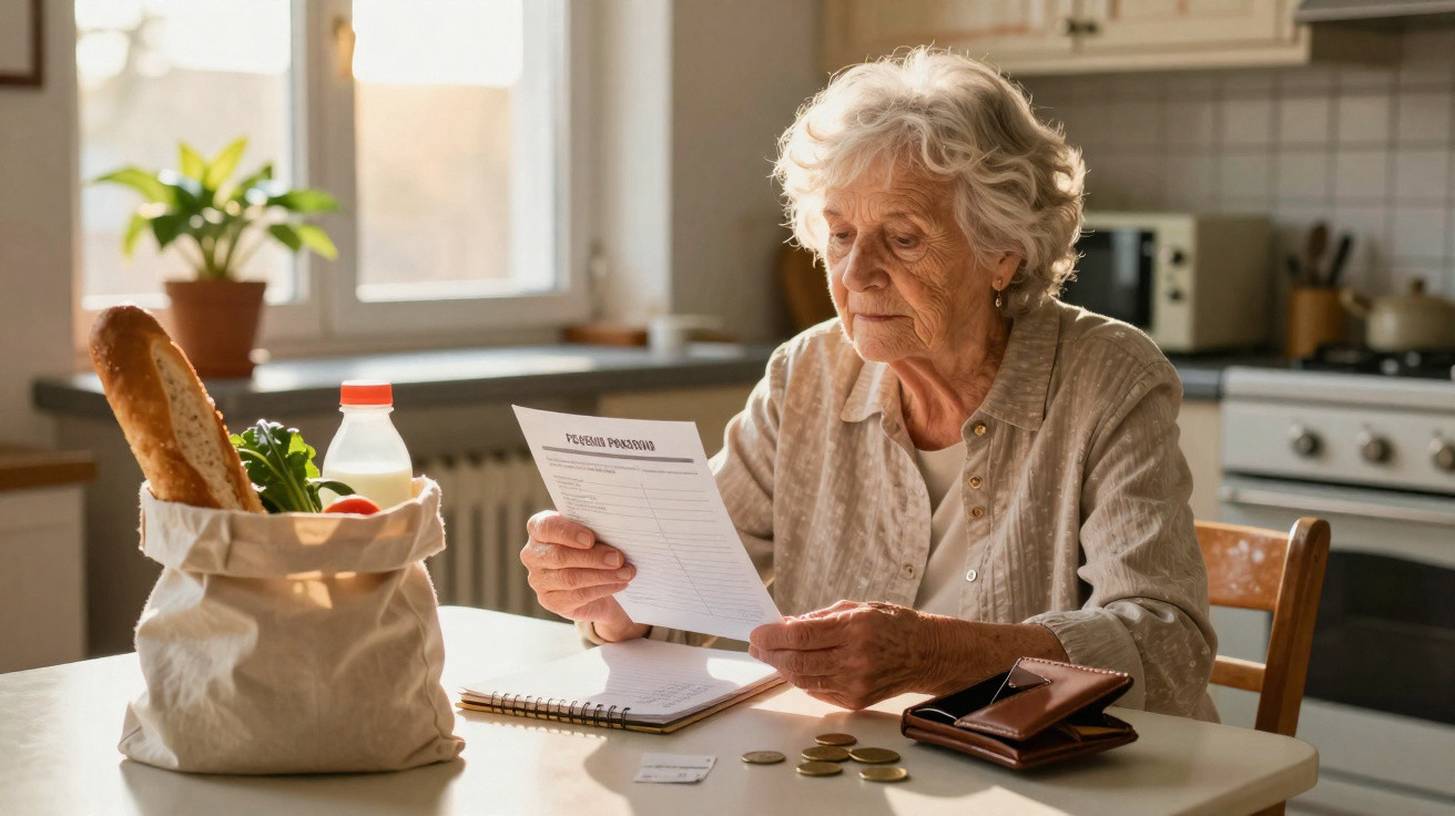 Elderly woman sitting at a kitchen table reading a bill with coins and wallet beside her.