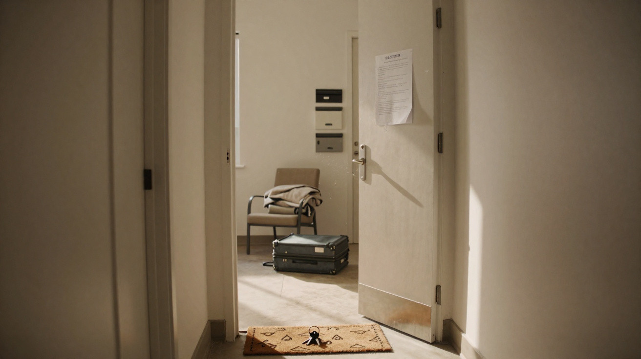 Open door revealing a chair with folded clothes, suitcase on floor, mailboxes on wall, and a doormat in hallway.