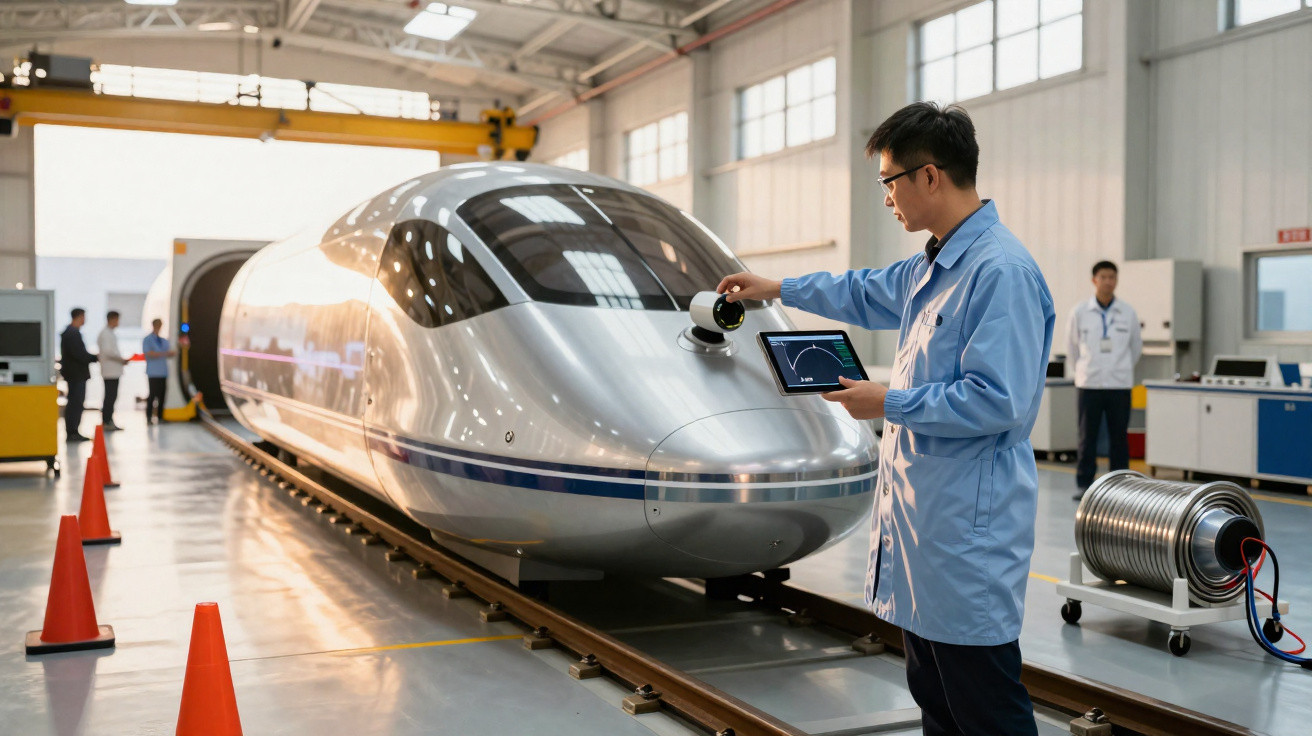 Engineer in lab coat inspecting a high-speed train prototype inside a spacious industrial facility.