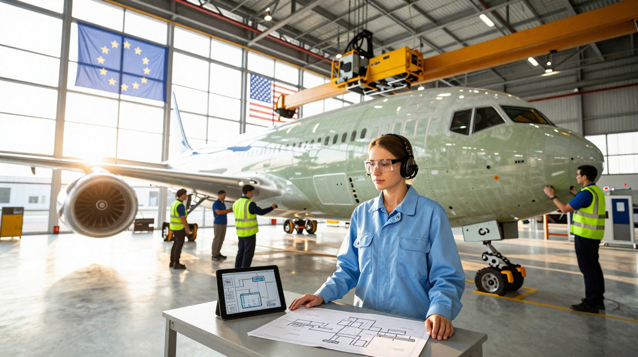 Aircraft engineers inspecting plane in hangar, one using headset and blueprint at workstation near tablet.