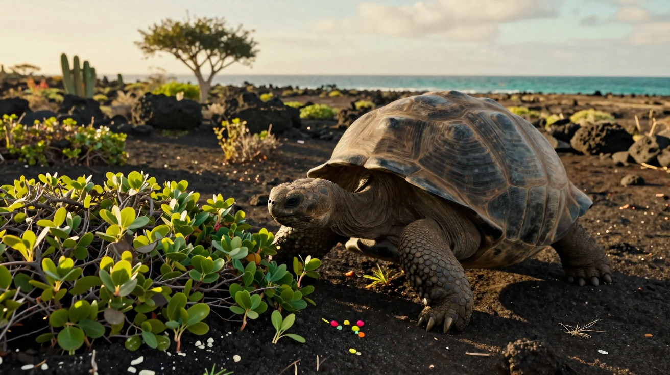 Giant tortoise walking on black volcanic soil near green plants with ocean and tree in background at sunset.