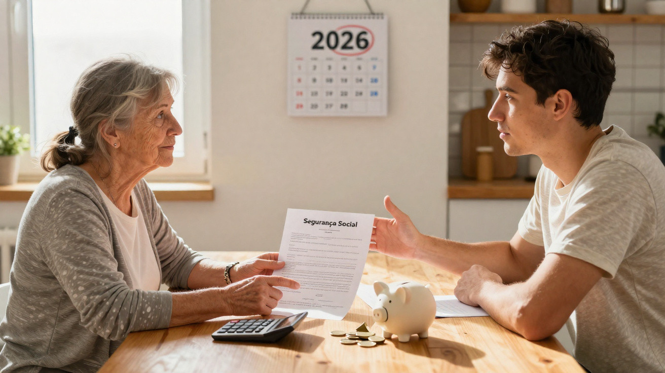 Elderly woman and young man discussing social security document at table with calculator and piggy bank.