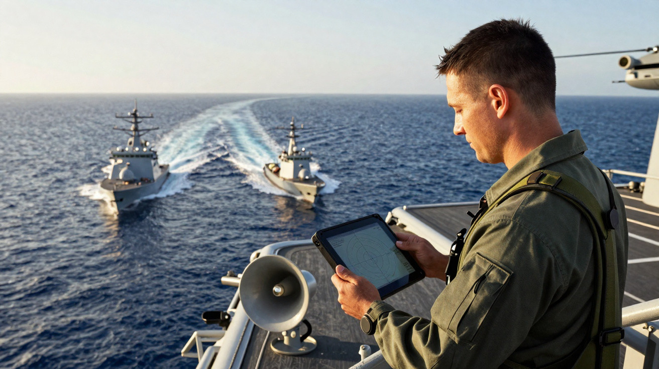 Sailor using a tablet on a naval ship deck with two warships moving through the sea in the background.