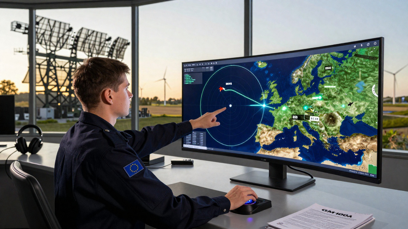 Person in uniform pointing at radar screen showing Europe and tracking data inside a control room.