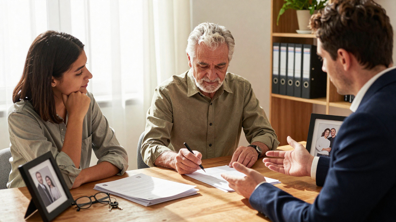 Three people sit at a table reviewing and signing documents in a well-lit office with family photos.