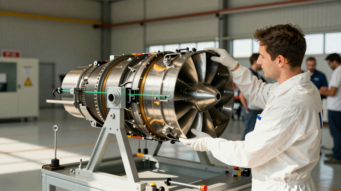 Engineer in white overalls inspecting a jet engine in a bright industrial workshop.