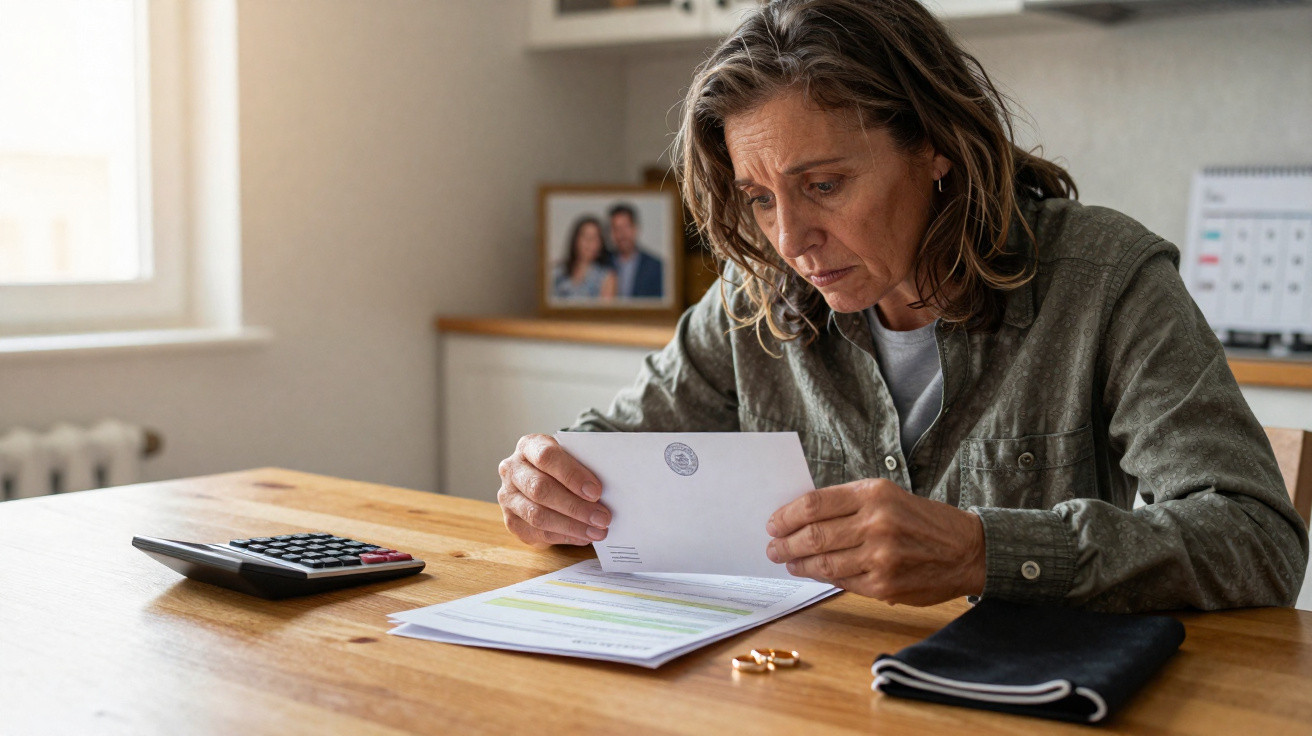 Worried woman reading a letter at a wooden table with bills, calculator, and folded clothes nearby.