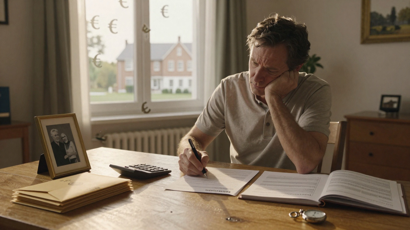 Man concentrating while filling out paperwork at a wooden table with envelopes, calculator, and photo frame nearby.