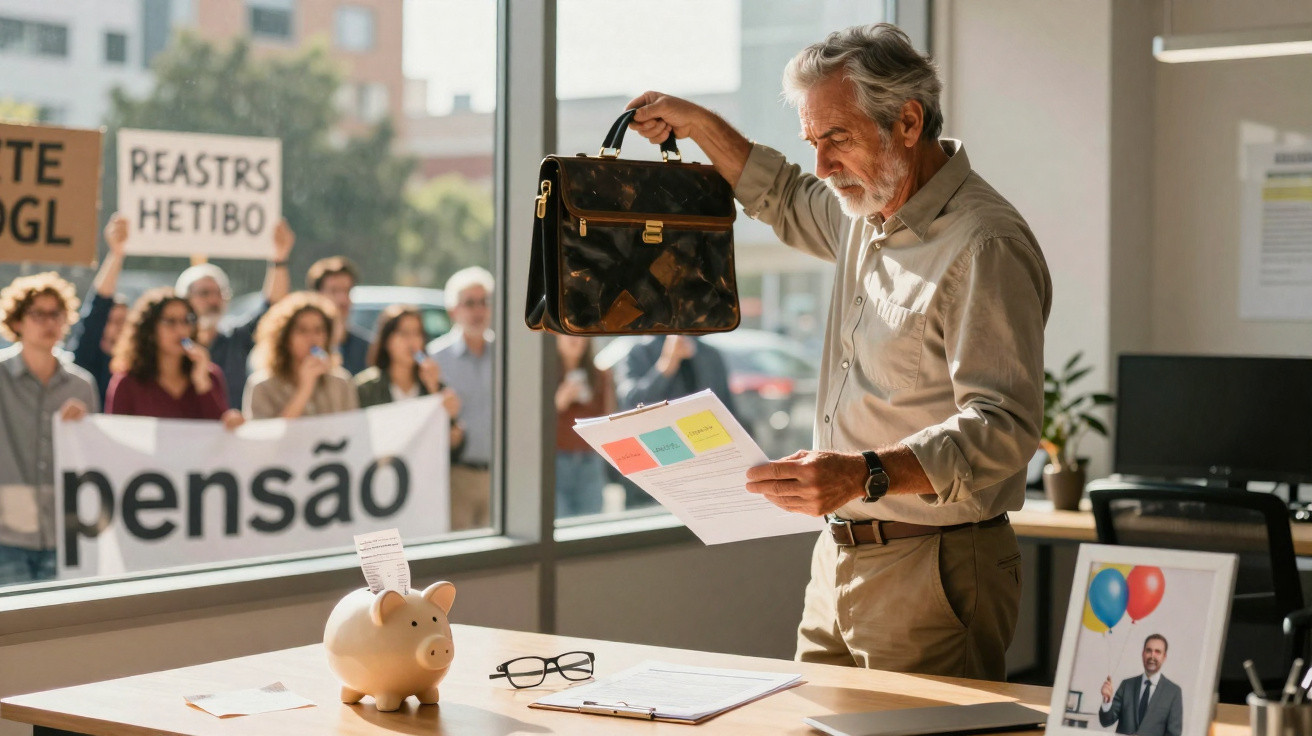 Elderly man in office holding briefcase and documents with protesters holding signs outside window.
