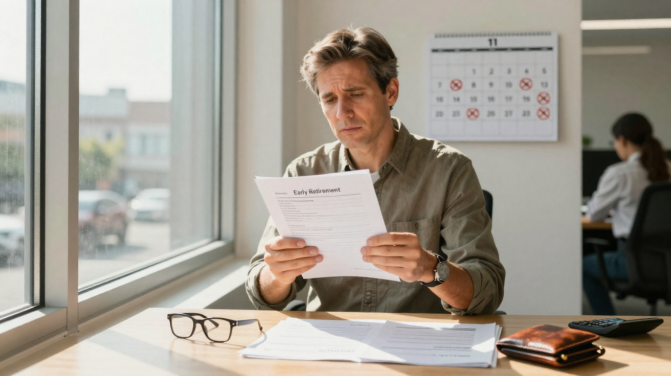 Man reading an early retirement document at a desk with glasses and wallet nearby in an office.