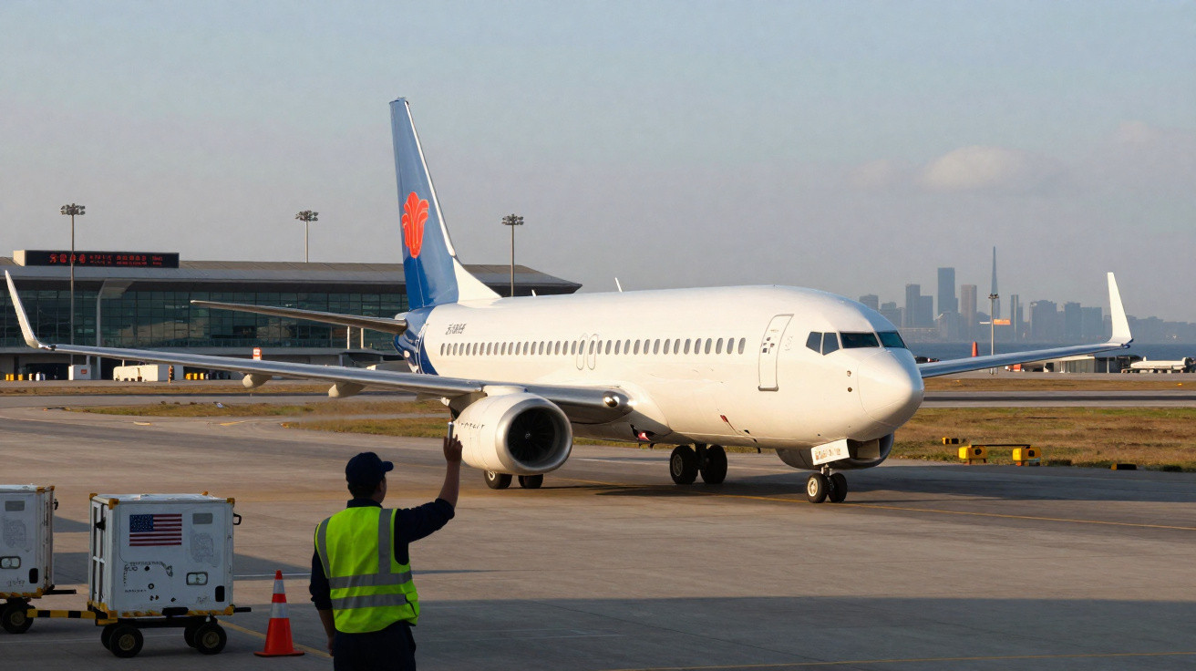 Ground crew member guiding a China Southern Airlines plane on the airport runway at sunset.