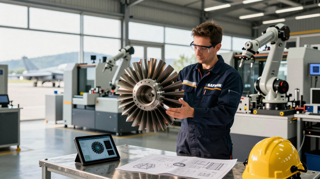 Engineer inspecting a turbine blade in a workshop with technical drawings and tablet on the table.