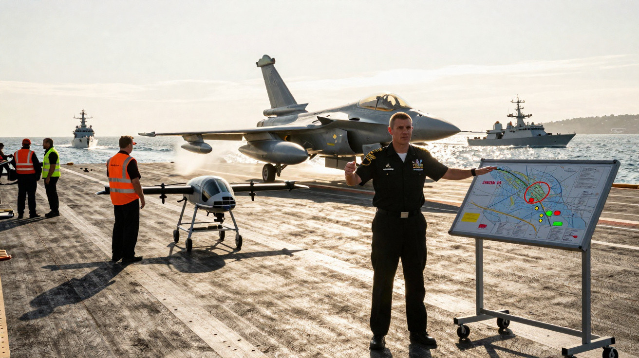 Naval officer briefing on aircraft carrier deck with fighter jet, drone, and warships in background at sunset.