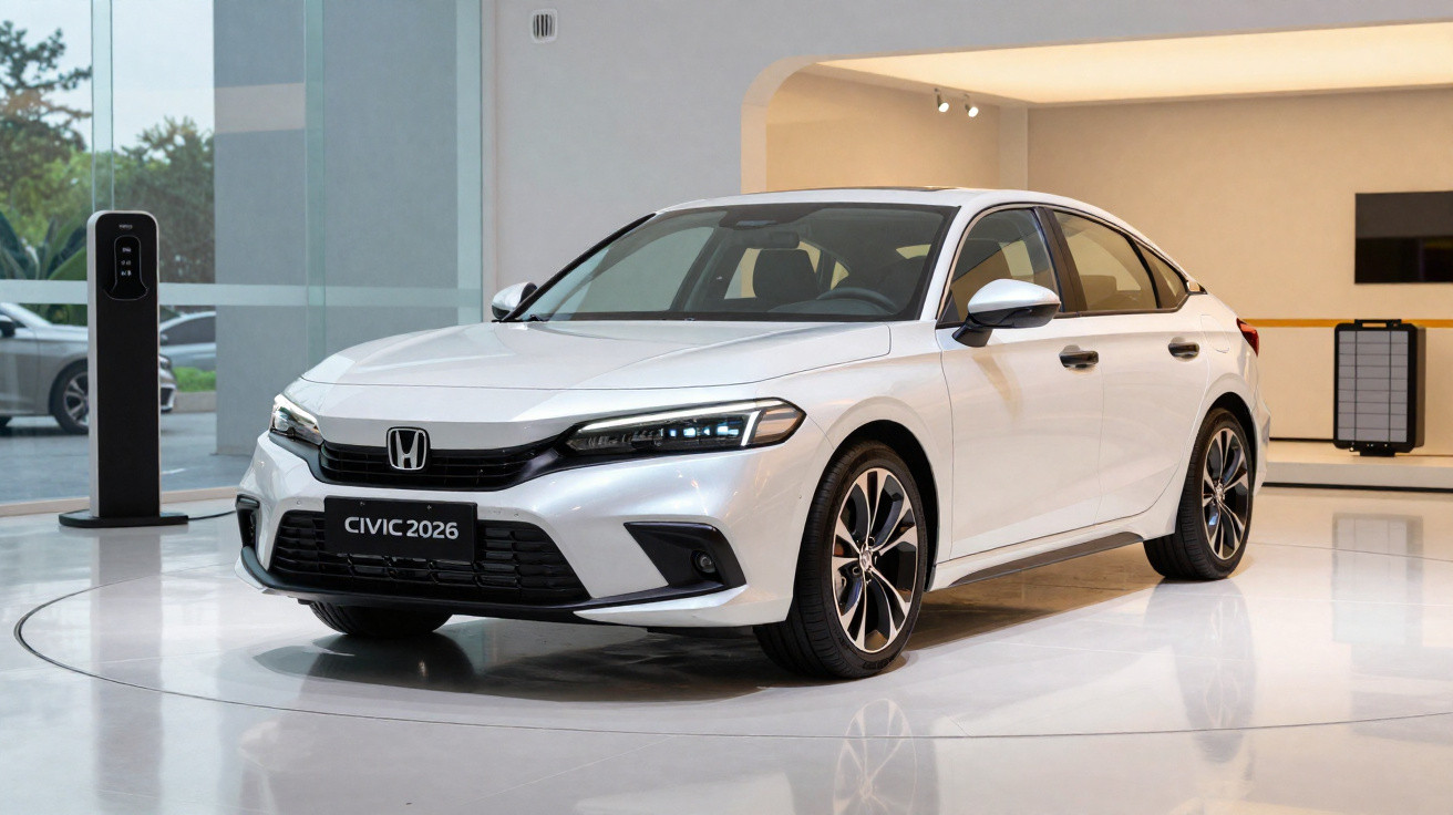 White 2026 Honda Civic sedan displayed indoors on polished floor with modern architecture background